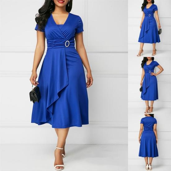 Party Damen Große Größen Einfarbige Kurzarm V-Ausschnitt Asymmetrisches Midi-Kleid