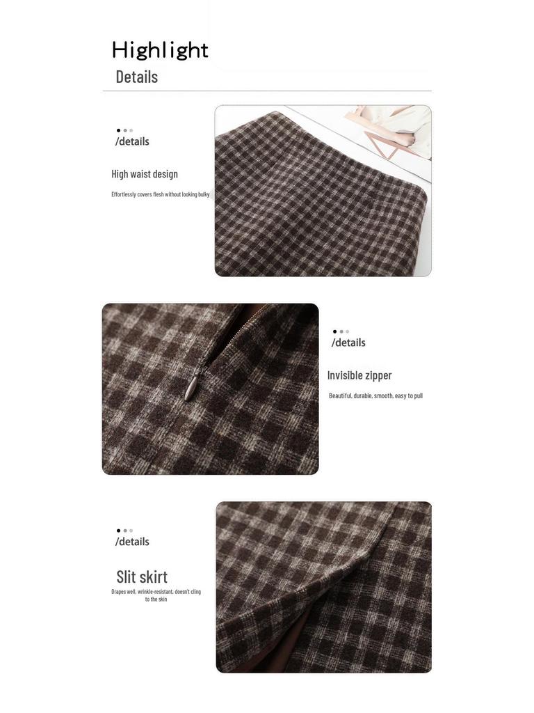 Winter 2025 Women's High-Waisted Wool Plaid A-Line Mid-Length Skirt