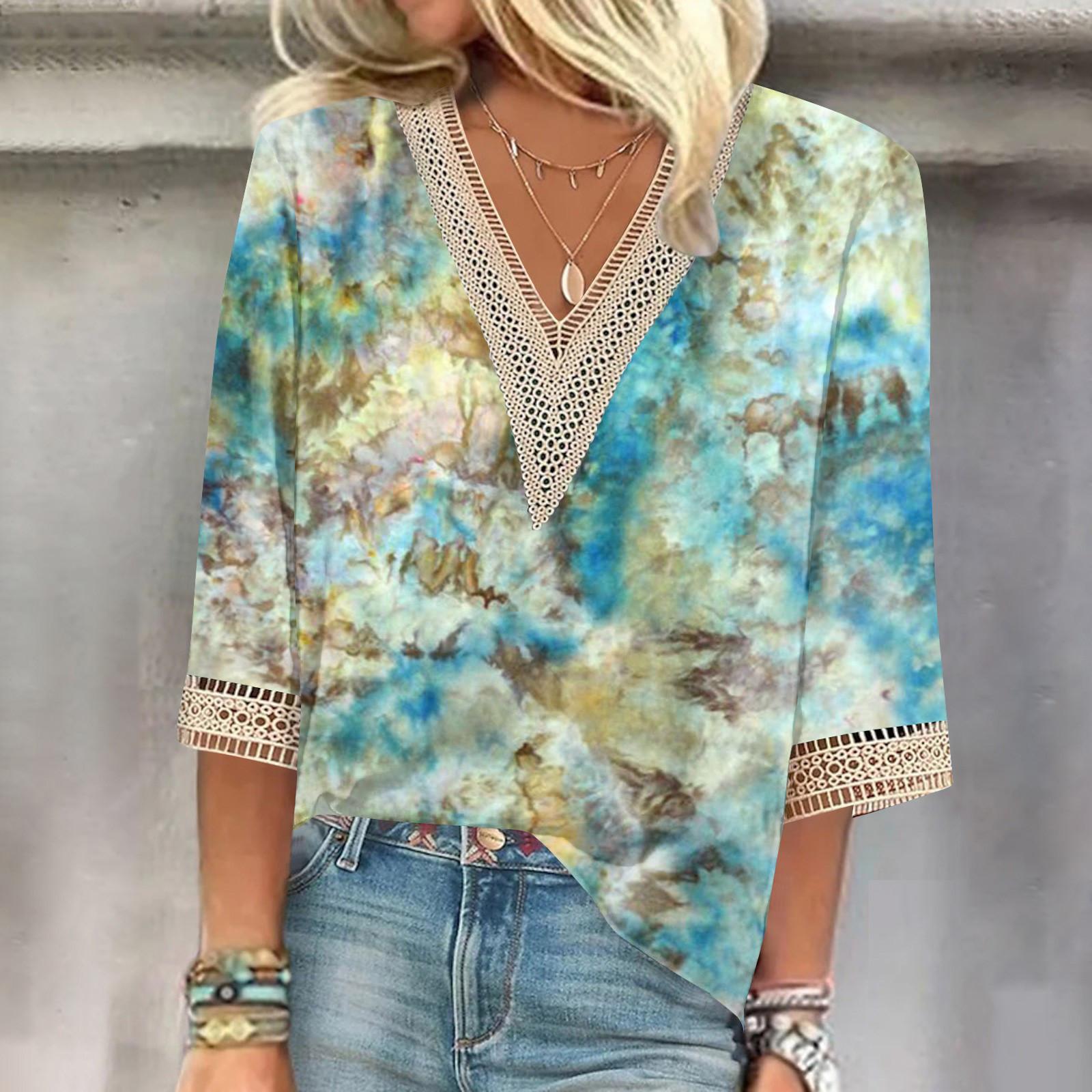 

Топы с кружевным воротником и вставками. Женские блузки. Женские повседневные топы. Рукав 3/4 с V-образным вырезом. Модные рубашки с принтом. Кружевные топы. Футболки. Пуловеры. Топы. M