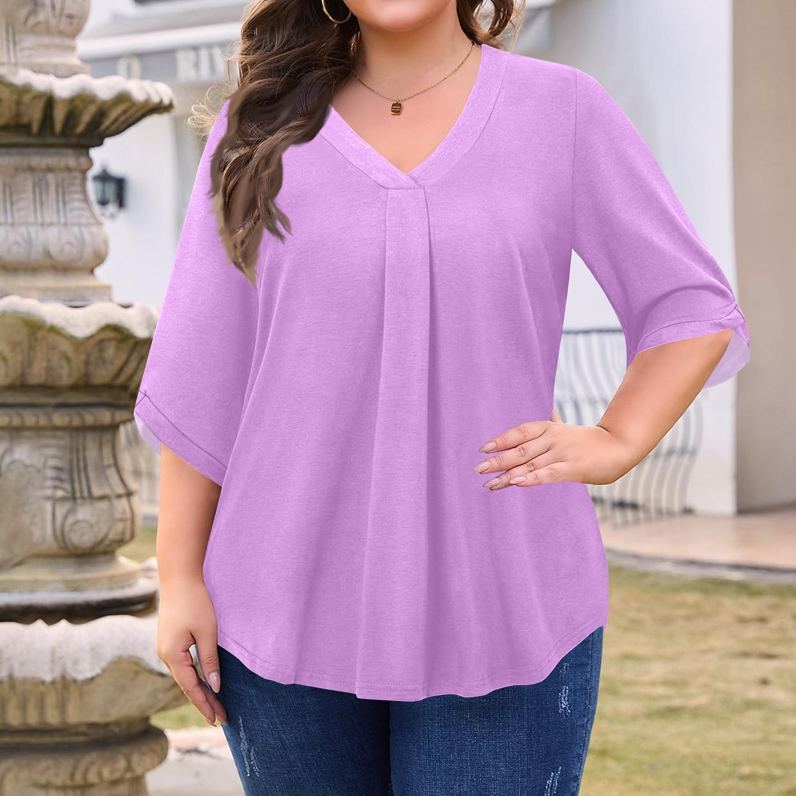 Women s Fashion Large Size Solid Color V-Neck Three-quarter Sleeve Top XXXL