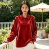 Lady Pullover Shirt Women Velvet Shirt, 3-Button Collared Casual Blouse, Solid Color Loose Long Sleeve Top for Daily Wear Work