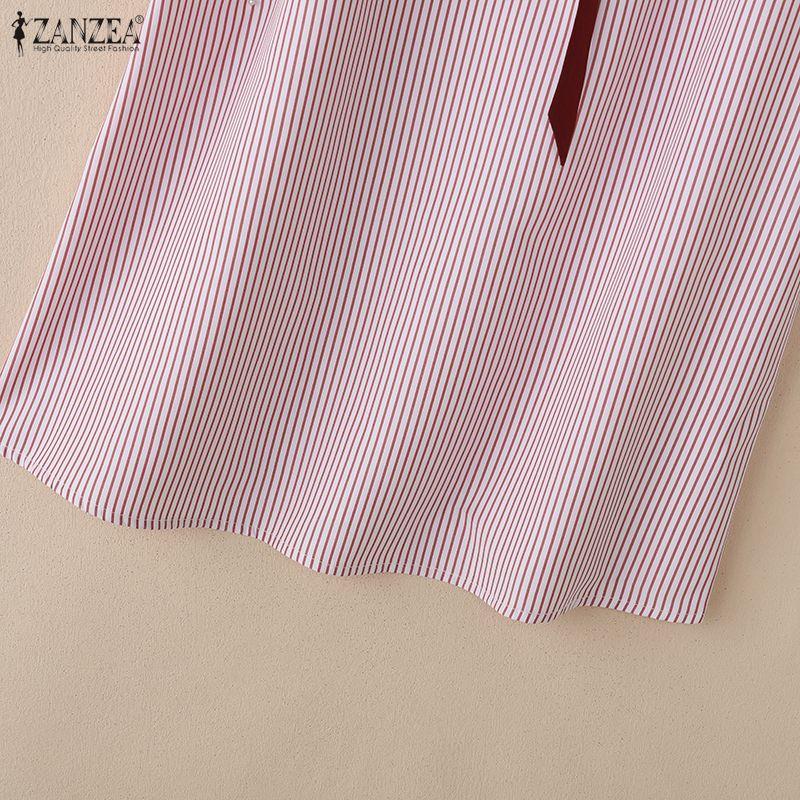 ZANZEA Women Casual Round Neck Loose Short Sleeve Stripe Blouse