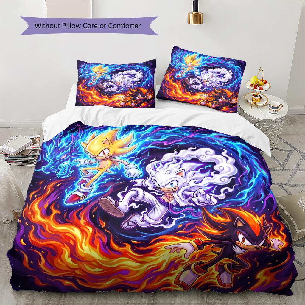 Hedgehog Sonic Pattern Bedding Quilt Set Quilt Cover Pillowcase Home Decoration Birthday Gift (1 * duvet cover + 2 * pillowcase, without core)