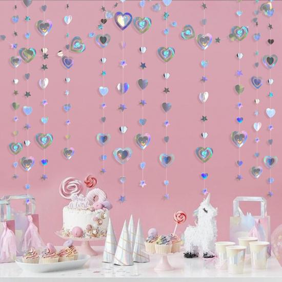 40Ft Iridescent 3D Heart Twinkle Star Garland Holographic Paper Streamer Banner for Birthday Mother's Day Anniversary Engagement Wedding Bridal Baby