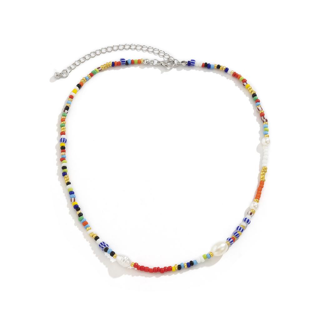 Accessories, Creative Contrasting Color Rice Bead Beaded Necklace Women, Simple Geometric Imitation Pearl Single-Layer Item Decoration