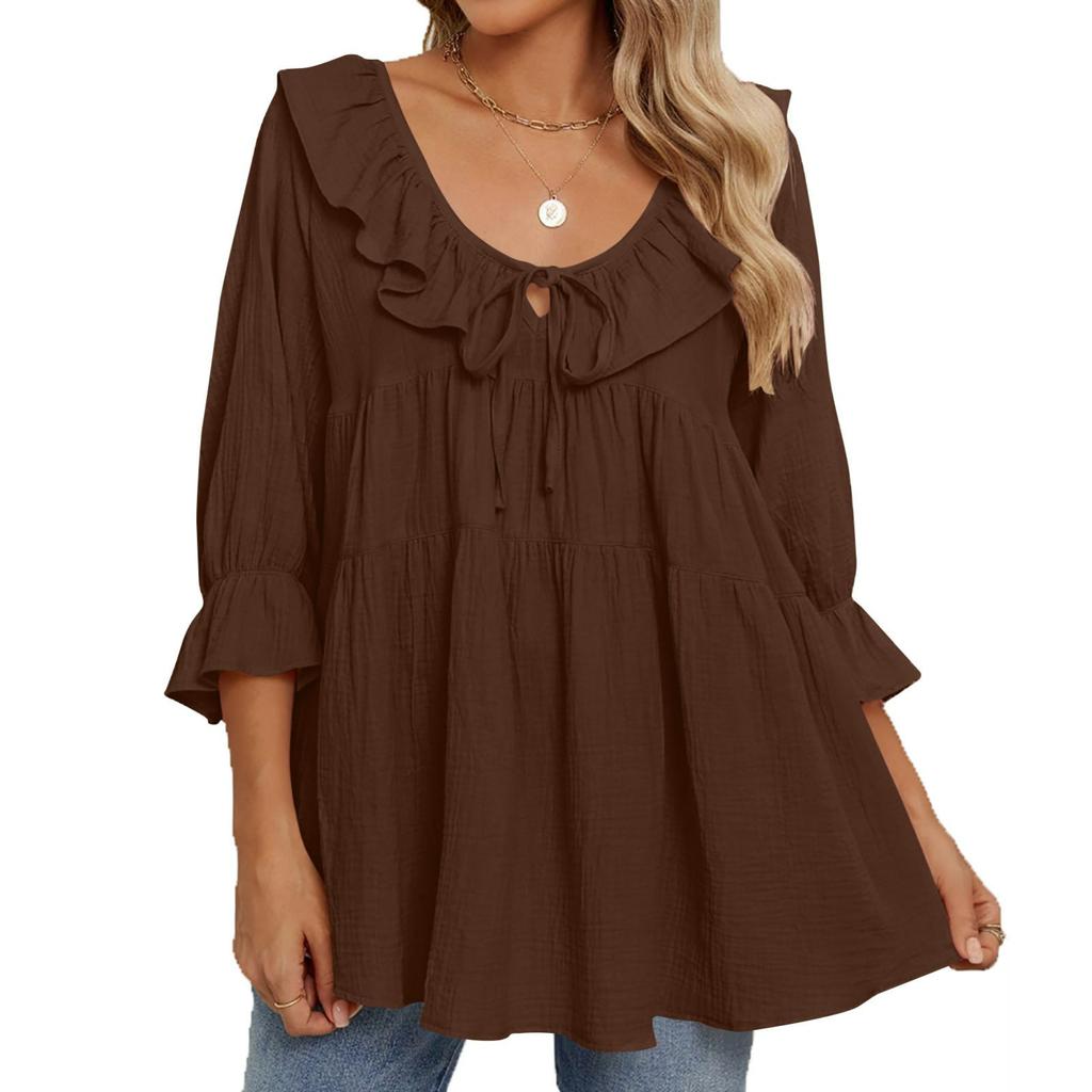 Round Neck Casual Lace-up Front Pleated Multi-layer Loose Waist Shirt Autumn Clothing