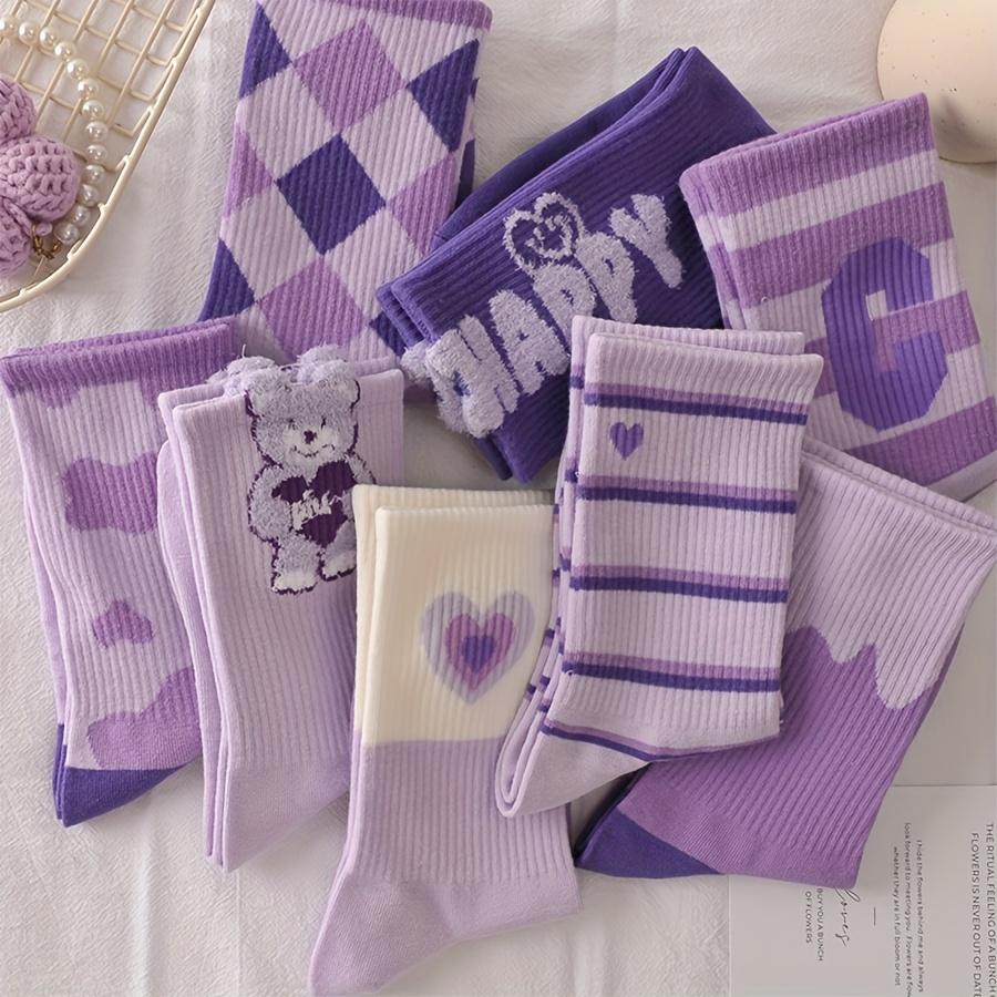 5 Pairs Women'S Mid-Calf Socks Purple Socks Autumn Winter High Aesthetic Long Tube Cute ' Trendy Socks Suitable for Daily Use
