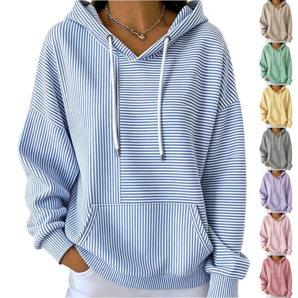 Women's Loose Fit Hooded Striped Long Sleeve Pullover with Pockets