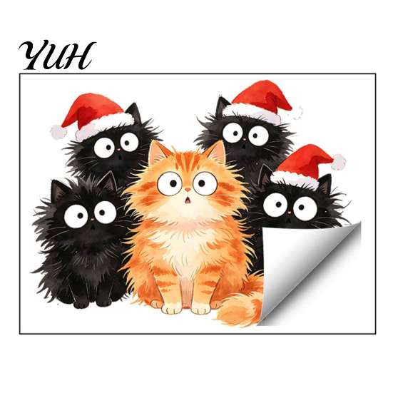 Decorative Festive Cat Stickers Christmas Window Cling, Cartoon Cats Sticker with Santa Hat, Removable Holiday Home Embellishments PVC Static