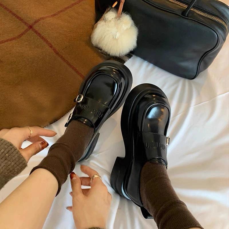 Cowhide Version~ Grape Mother Same Style, Amiu Double Buckle with Loafers Round Head British Style Platform Small Leather Shoes Single Shoes Women