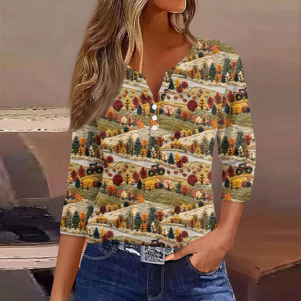 Damen T-Shirt mit Aufdruck, Knopfleiste, 3/4-Ärmel, modisch für den Alltag und das Wochenende, Basic, V-Ausschnitt, normales Oberteil