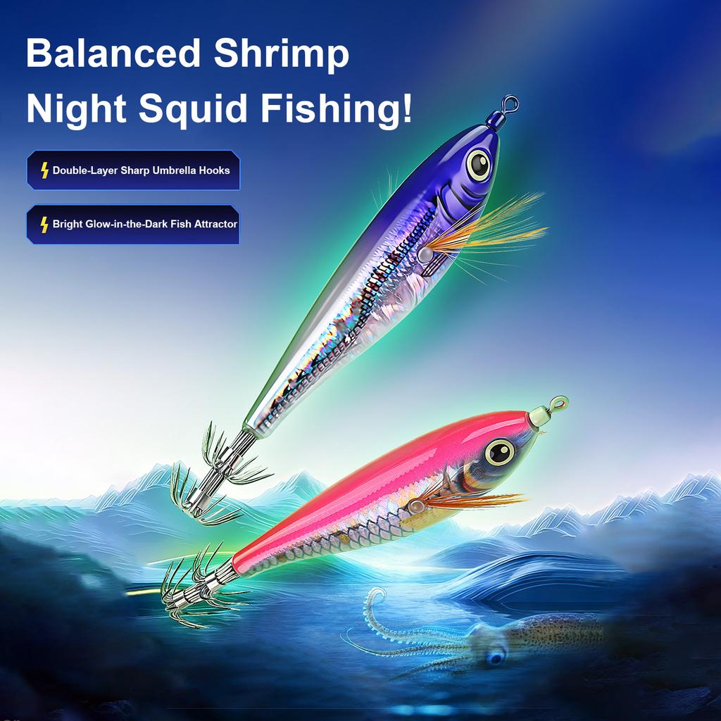 Fishing Squid Jigs Cuttlefish Lures Double-Layer Rust-Proof Luminous Shrimp Prawn Sleeve Jig Hooks for Saltwater Fishing