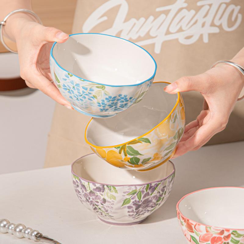 Janpanese Style Ceramic Rice Bowl Home Kitchen Noodle Ramen Dinnerware Bowls Flower Printing Fruit Bowls Beautiful Tableware