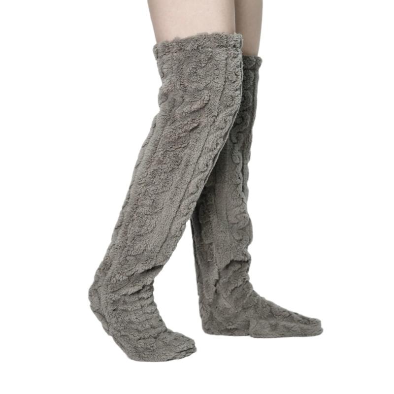 Women Furry Thigh High Slipper Socks Solid Color Cable Pattern Fleece Fuzzy Over Knee Stockings Winter Warm Leg Warmers