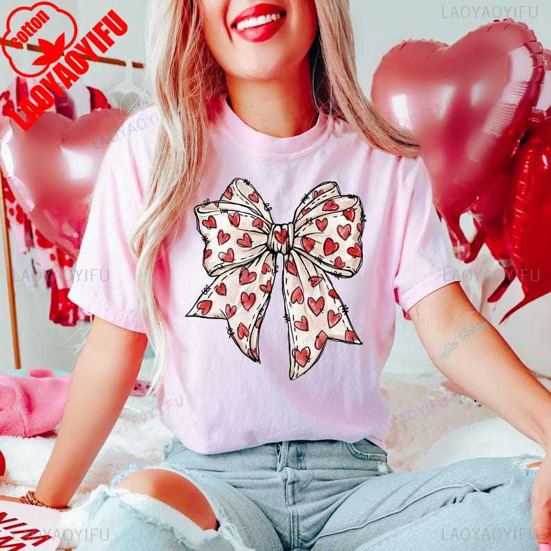 Valentines Day Heart Bow Coquette Bow Trending TShirt Novelty Gift for Girlfriend Crewneck Casual Style Printed Tshirt Tops