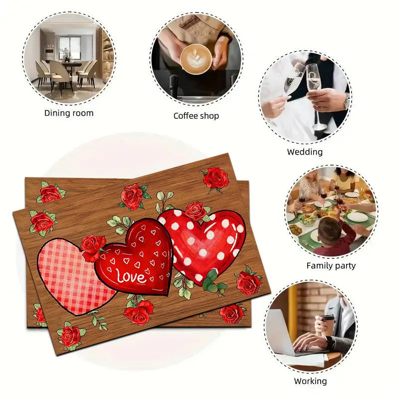 1/2/4/6pcspcs Valentine's Day Placemats Suitable for Party, Elegant Heart & Table Settings, Durable Polyester Square Placemats, Hand Wash Only