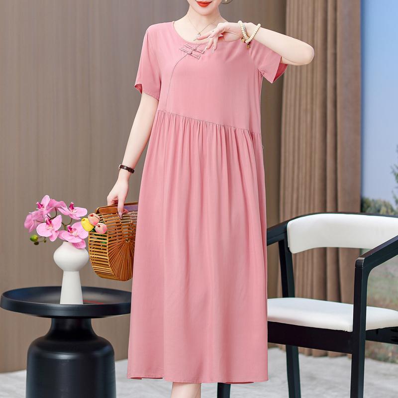 Elegant Dresses for Women Plus Size Loose Casual Vintage Print Long Dress With Sleeves Summer Middle-aged Women's Clothing