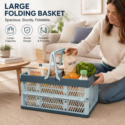 Large Foldable Storage Basket with Handle Foldable Shopping Basket Portable Supermarket Shopping Basket Suitable for Home Storage Car Storage