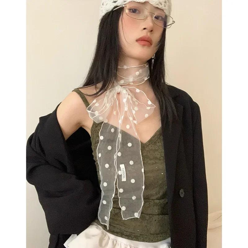 Fashionable Lace Mesh Polka Dot Scarf For Women New Summer 2025 Lightweight Sweet Versatile Neck Accessory With Ribbon