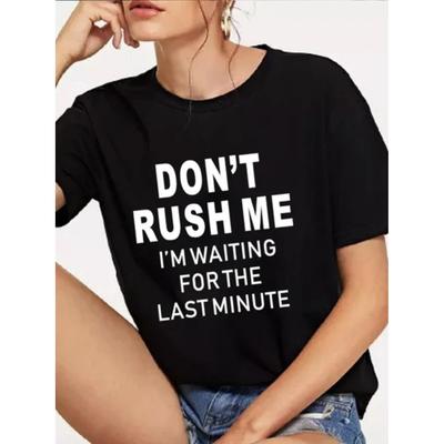 Camiseta amarilla con estampado de letras "Don't Rush Me" para mujer, camiseta holgada de manga corta con cuello redondo para mujer, camisetas de verano para mujer, camisetas