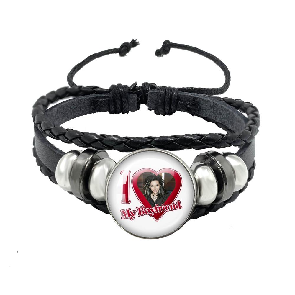 Pop Retro Rock Band Tokio Hotel Bill Kaulitz Band Black Rope Button Glass Cabochon Leather Bracelet Jewelry Charm Fans