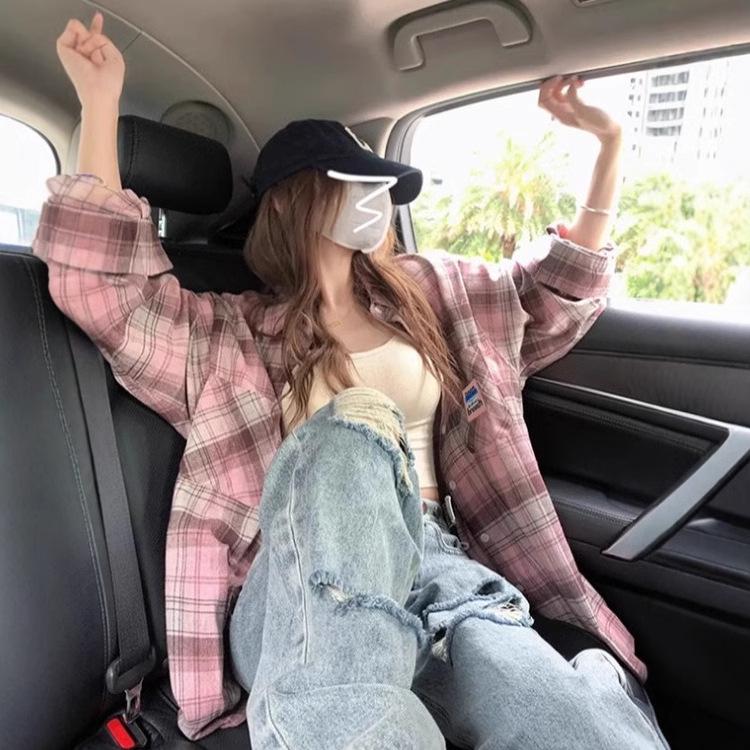 

Women s Early Autumn Retro Plaid Long Sleeve Shirt Jacket - Loose Fit, Versatile Hong Kong Style, Sun Protection Extra Large синій