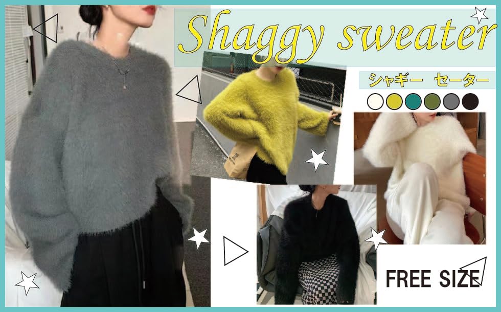 Maison de TAO Fluffy Knit Crew Long Solid Warm and Tunic Women's Shaggy, Sweater, Neck, Sleeves, Color, Cold-Weather (Emerald Green)