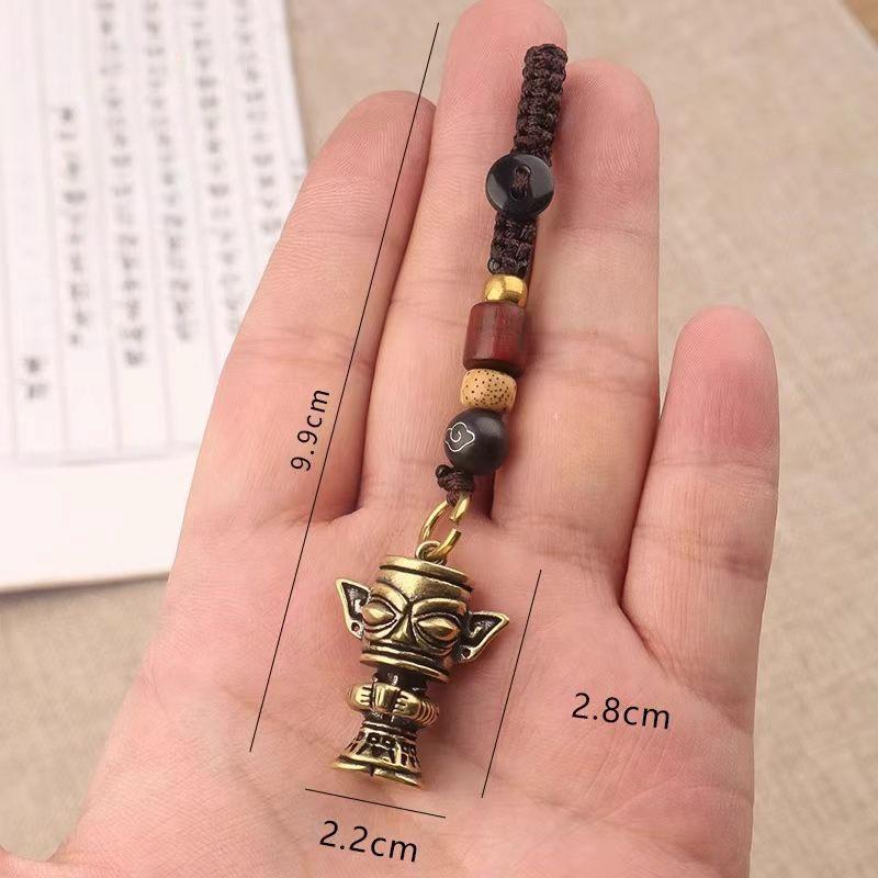 1Pc Vintage Brass Sanxingdui Prayer Priest Keychains Lanyard Pendants Handmade Rope Car Key Chain Rings Hanging