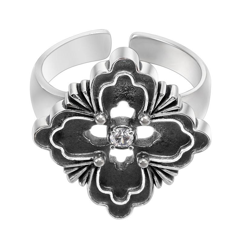 Серебряное кольцо Yintai Fei Thai с четырехлистным клевером, регулируемое - Ретро-дизайн в стиле Хип-хоп для мужчин и женщин. Open Adjustable