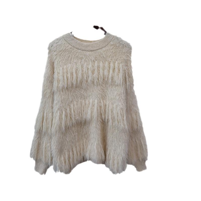 Soft Waxy Imitation Mink Fleece Knitted Sweater Top Women's Autumn and Winter New Tassel Design Loose Sweater Pullover