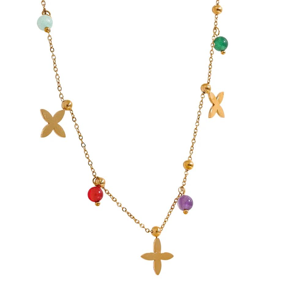 

Yhpup Colorful Waterproof Natural Stone Flower Drop Stainless Steel Chain Aesthetic Necklace Fashion Collar Jewelry for Women
