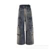JYL Men's Cargo Jeans Vintage Multi-Pocket Heavy-Duty Loose Wide-Leg Denim
