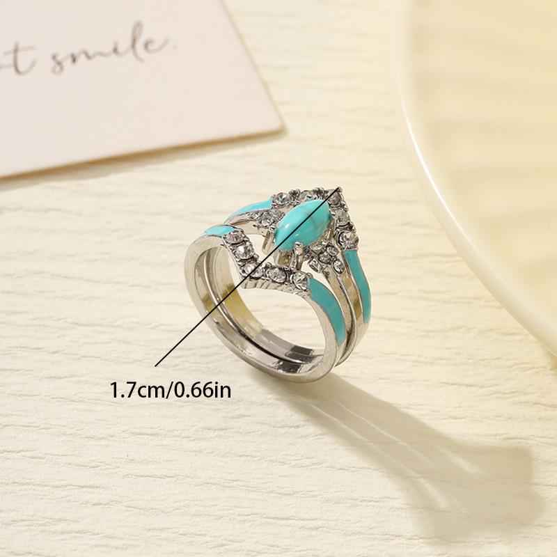 Women's Vintage Turquoise Ring Silver Plated Rhinestone Bohemian Statement Ring