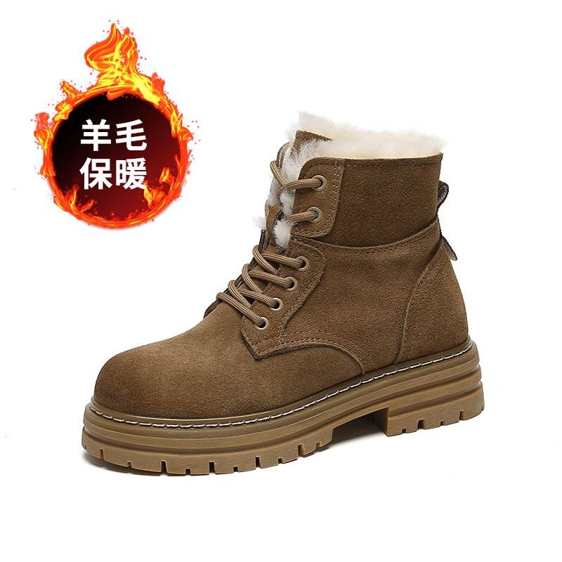 Womens Winter Warm Faux Suede Martin Boots With Fleece Lining Chunky Sole Round Toe Lace-Up Mid-Calf