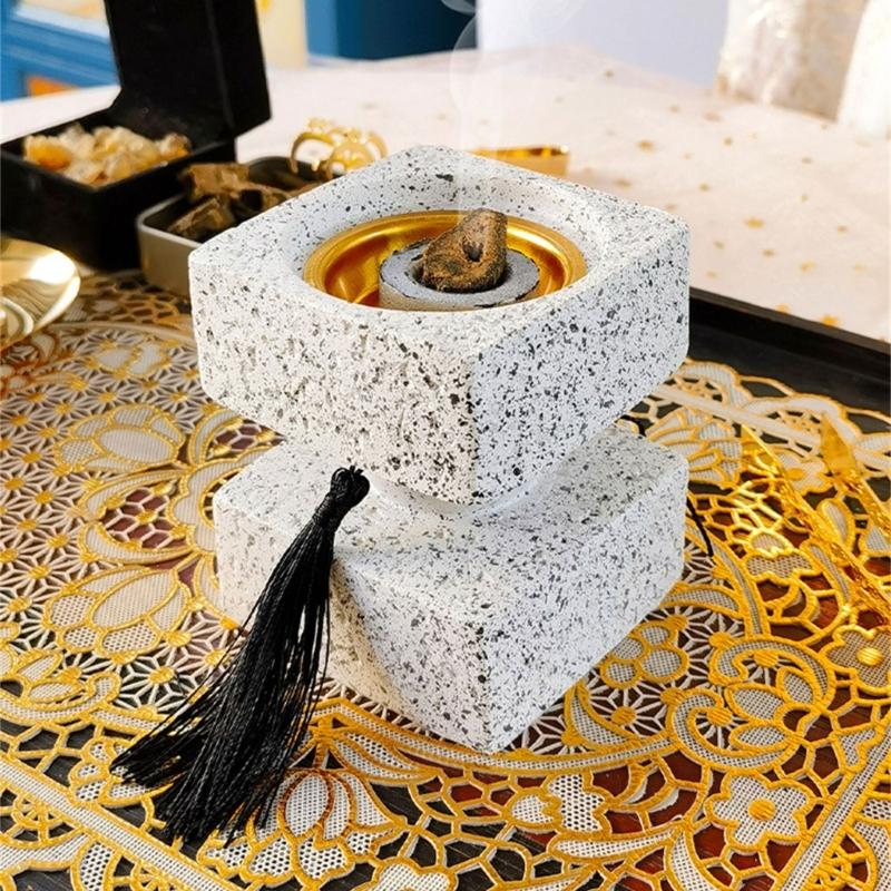 Vintages Resins Incenses Burners Base, Square Layer Tassels Antique Home Decoration Art for Study Room Living Room Home Office