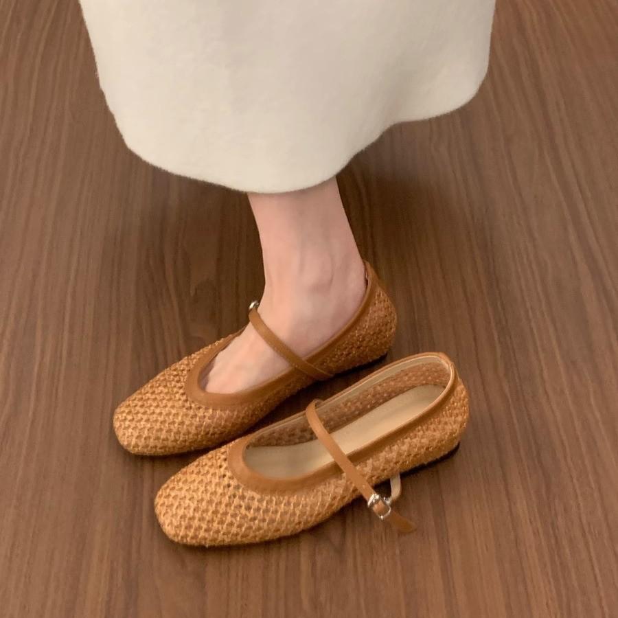 Mesh Woven Shallow Mouth Flat Bottom Loafer Beanie Shoes 2025 New French Style Inner Height Increase Commuting Night and Evening Single Shoes Women