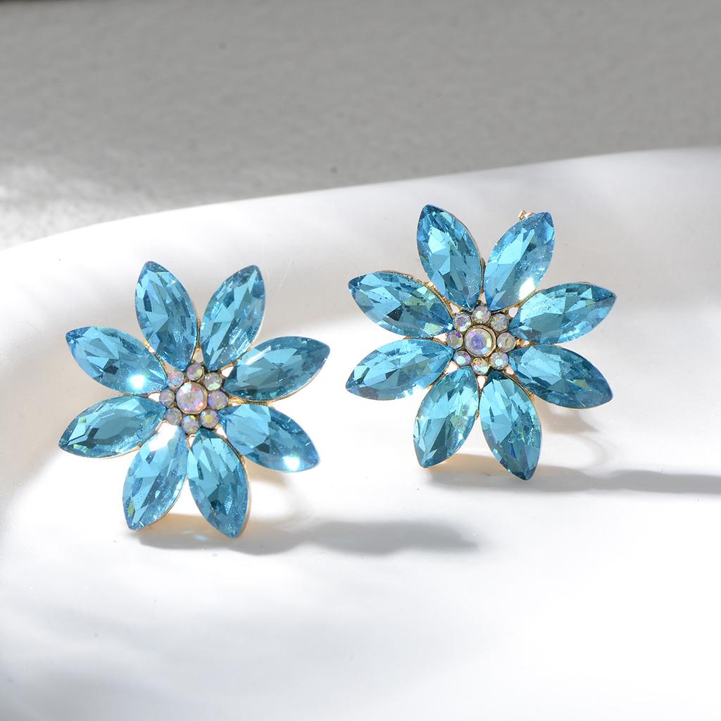 Vintage Light Luxury Colorful Diamond Sunflower Ear Clips High End Crystal Earrings Elegant Evening Party Jewelry