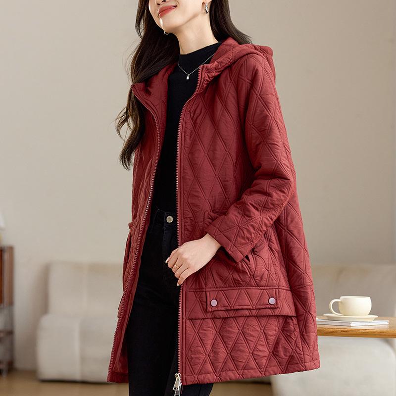 

Женское хлопковое пальто средней длины с капюшоном 2024: Стильная осенне-зимняя мода для людей среднего и пожилого возраста L красный