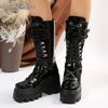 Fashion Fashion Chunky High Heel Mid Calf Boots Women Thick Bottom Patent Leather Punk Boots Woman Gothic Black Platform Booties 35-43