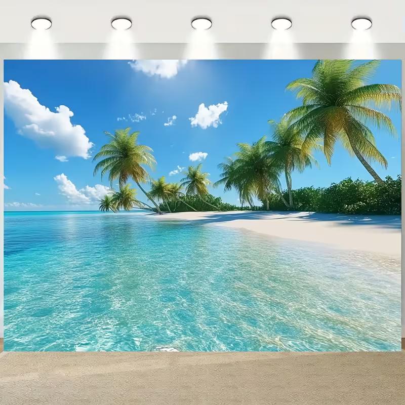 2D Summer Tropical Island Banner, Clear Ocean Palm Tree Backdrop for Party & Decor