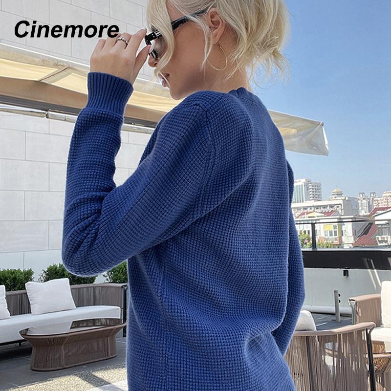 Cinemore Wiosna Jesień Damski Sweter Jednolity Oversize Casualowe Pulowery Ciepły Podstawowy Top z Długim Rękawem Okrągły Dekolt Dzianinowy Sweter Sweter