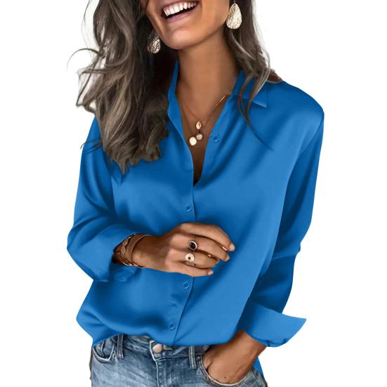 Women Satin Shirt Pure Color Loose Fit Imitation Silk Shirt Lapel Long Sleeve Buttons Placket Tops Business Casual Daily Wear