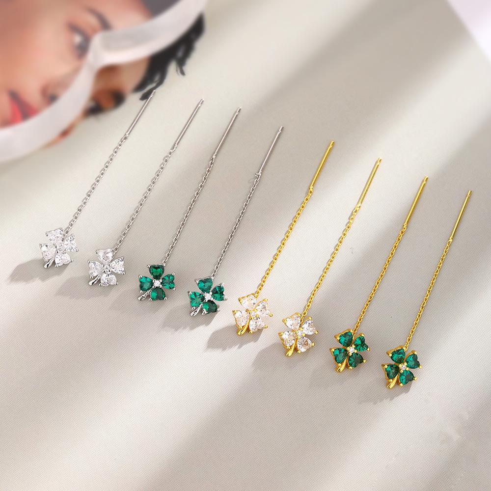 Lucky Clover Earrings Classic Temperament Retro Emerald Earrings Long Chain Tassel Love Flower Earrings