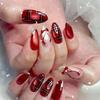 24PCS Cat Eye Wine Red Almond Stick On False Nails Valentine Sweet 3D Bowknot Plaid Simple Nails Tips Wearable Manicure Fashion