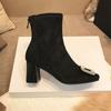Fashion Women Crystal Suede Ankle Sock Boots Mid Heels Chunky Shoes 2024 Winter Designer New Square Toe Shoes Pumps Dress Femme Shoes