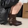 Winter Pointed Toe Thick Heel Women Ankle Boots Elegant Back Belt Buckle Slip On Shoes Street Style Party Short Botas Mujer