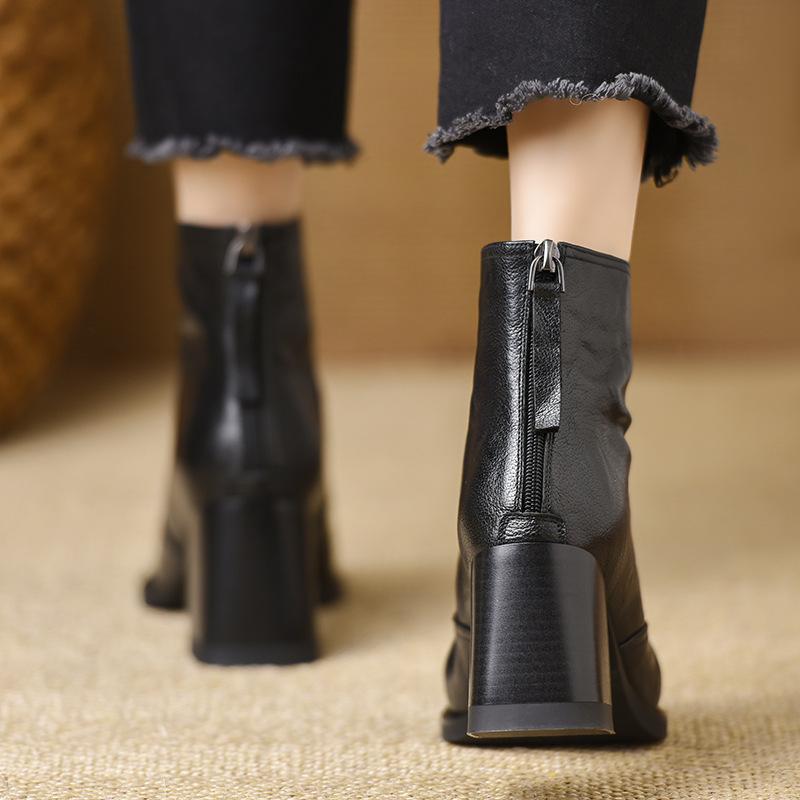 7.5Cm Wood Grain Thick Heel Square Head V-mouth Short Boots Rear Zipper High Heel Short Boots
