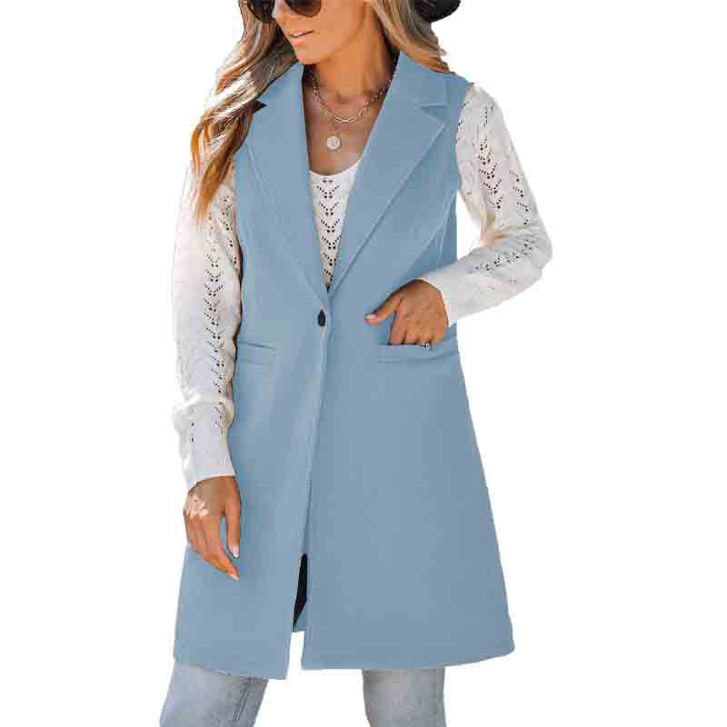 

women s Notched Lapel Single Button Longline Sleeveless Vest Coat Casual Wool Blend Waistcoat Outerwear 3XL світло-синій колір