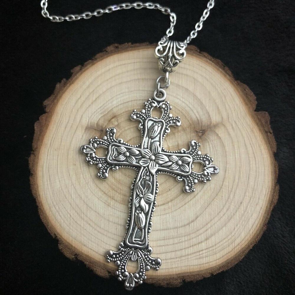 Large Victorian Cross Necklace Long 19” Chain God Silver Religious Gothic Jesus