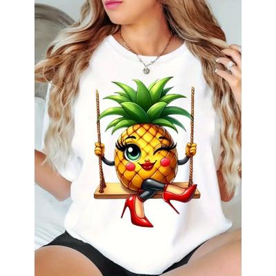 Camiseta Blanca Casual de Verano para Mujer con Estampado Lindo de Piña, Top Lúdico con Diseño Oscilante, Camiseta Casual Suelta para Mujer con Cuello Redondo